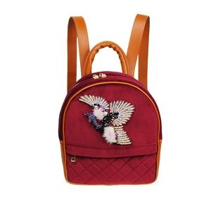 Burgundy velvet backpack with Phoenix embroidery